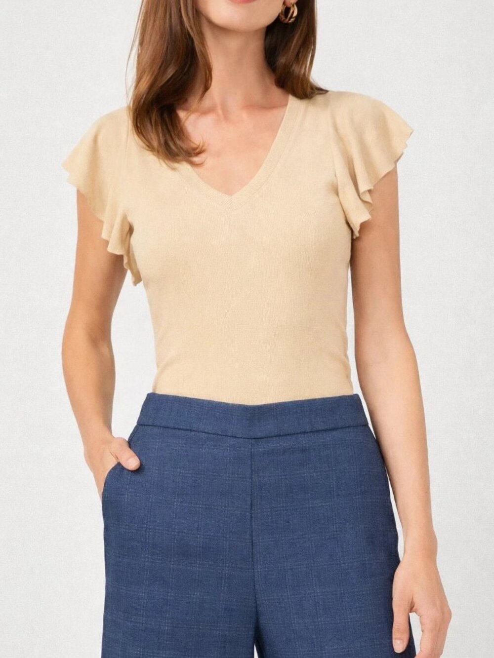 Vince Camuto Womens Flutter-Sleeve V-Neck Gold Size M